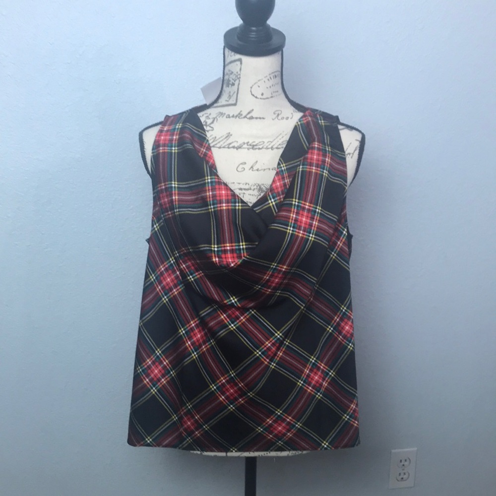 J Crew Factory Sleeveless Cowl Neck Blouse Red Black Plaid Size Medium NWT